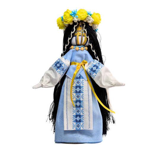 BraveUA 12'' Exclusive Collectible Ukrainian Motanka Doll on Wooden Base || Mother Nature Doll || Blue Light color || Slavic Design Handmade Made in Ukraine
